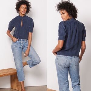 Evereve XS Solid Blue Meg Smocked Puff Sleeve Top